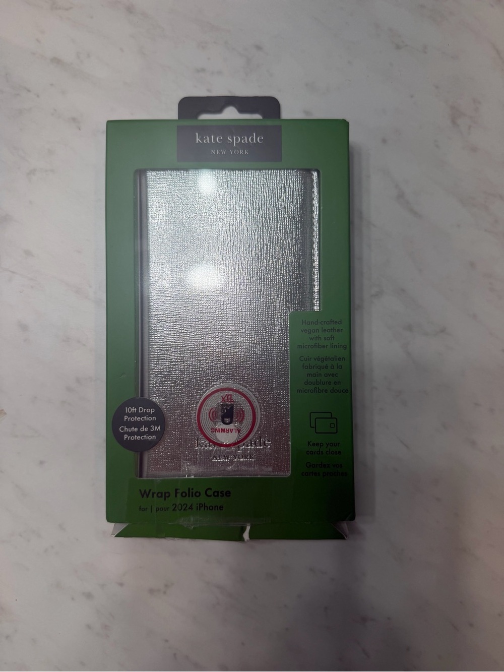 Kate Spade iPhone 16 Case Card Holder Folio Metallic Silver Vegan Leather Wallet
